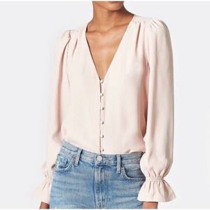 Joie Pink Silk Bolona V Neck Ruffle Sleeve Top